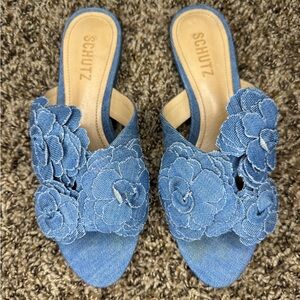 SCHUTZ Denim Blue Floral Mules